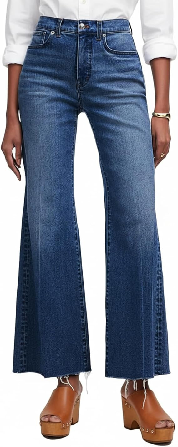 Women's High Waisted Flare Jeans Stretchy Raw Hem Bootcut Denim Pants Bell Bottoms | Amazon (US)