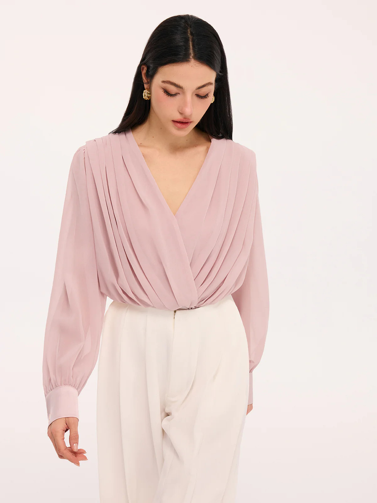 Pleated Deep V-Neck Long Sleeve Bodysuit | Commense