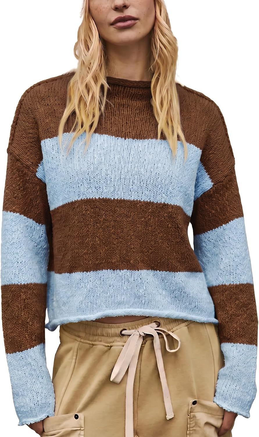 Womens Stripe Sweater Oversized Cropped Long Sleeve Roll Neck Chunky Knit Pullover Tops Casual Spring Fall Outfits | Amazon (US)
