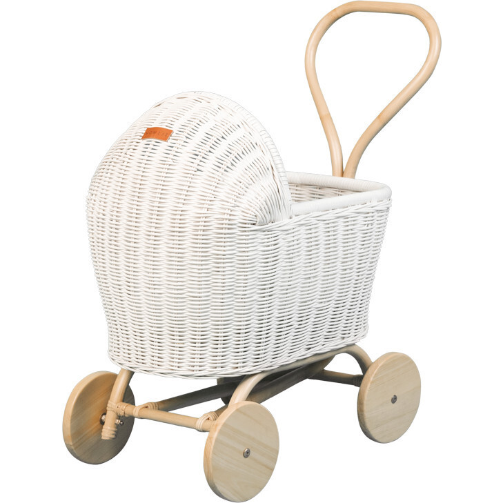 Colette Handcrafted Rattan Doll Stroller With Wooden Wheels & Toy Mattress, White | Maisonette