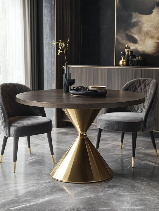 Create a bold yet timeless dining moment with this sculptural round dining table that blends dark wood, brushed gold, and velvet seating into one effortlessly elegant statement. The solid wood tabletop grounds the space with warmth, while the gold pedestal base adds a refined architectural edge that instantly elevates the room. Paired with plush velvet chairs in soft gray tones and subtle gold-tipped legs, this setup brings together brown, gray, black, and warm metallics in a perfectly balanced neutral palette. It’s a dining table that works beautifully in modern homes, high-rise apartments, open-concept living spaces, or even as a statement piece in a luxe breakfast nook. The mix of textures—wood grain, smooth metal, and velvet upholstery—creates depth and quiet drama without feeling overwhelming, proving that neutral interiors can still feel rich, intentional, and unforgettable.

#TimelessDining #ModernLuxuryInteriors #NeutralHomeDesign 

 #LTKHome