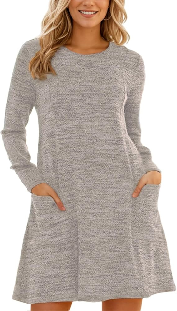 VIMPUNEC Fall Casual Dress Women Knit Long Sleeve Mini A Line Flowy Winter Dresses with Pockets | Amazon (US)
