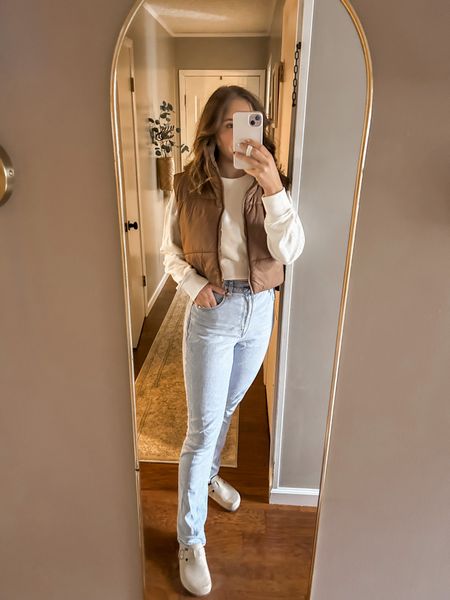 Casual Fall outfit, Abercrombie 90’s straight jeans, cropped puffer vest brown. White crew neck, puff vest  

#LTKfindsunder50 #LTKshoecrush #LTKstyletip