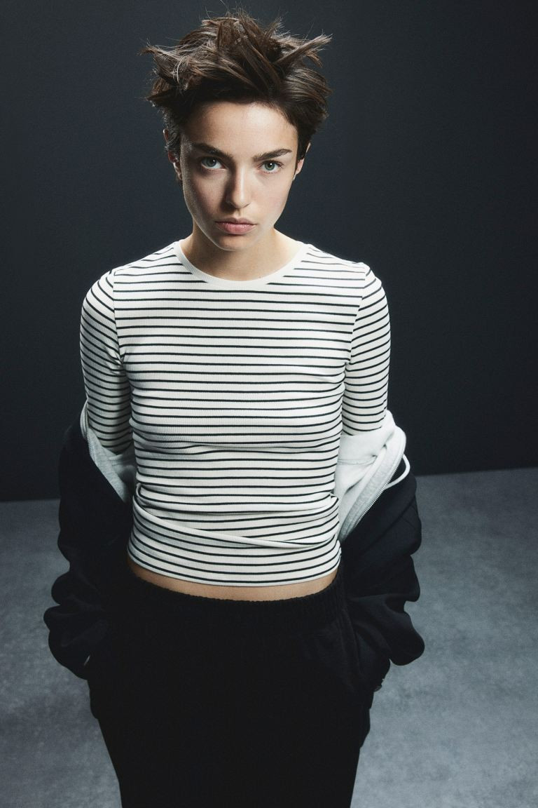Ribbed Cotton Top - White/black striped - Ladies | H&M US | H&M (US + CA)