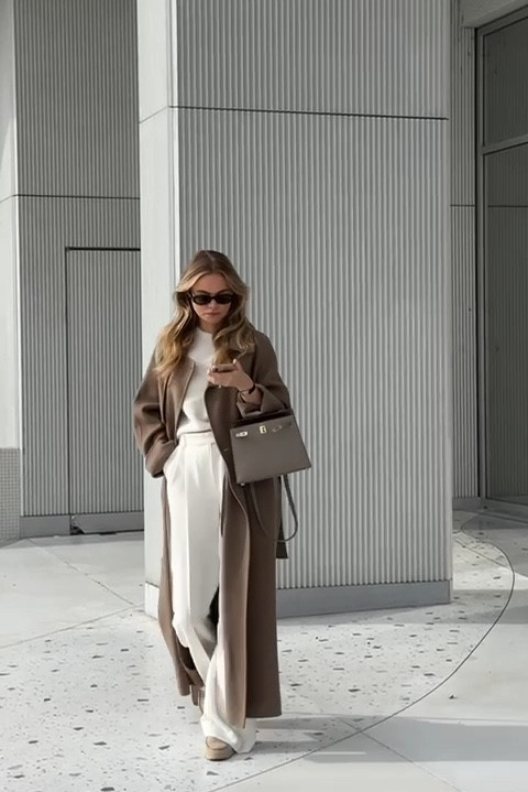 Brown maxi wool coat | white tailored pleated trousers | white jumper | Hermes

#LTKspring #LTKuk #LTKluxury