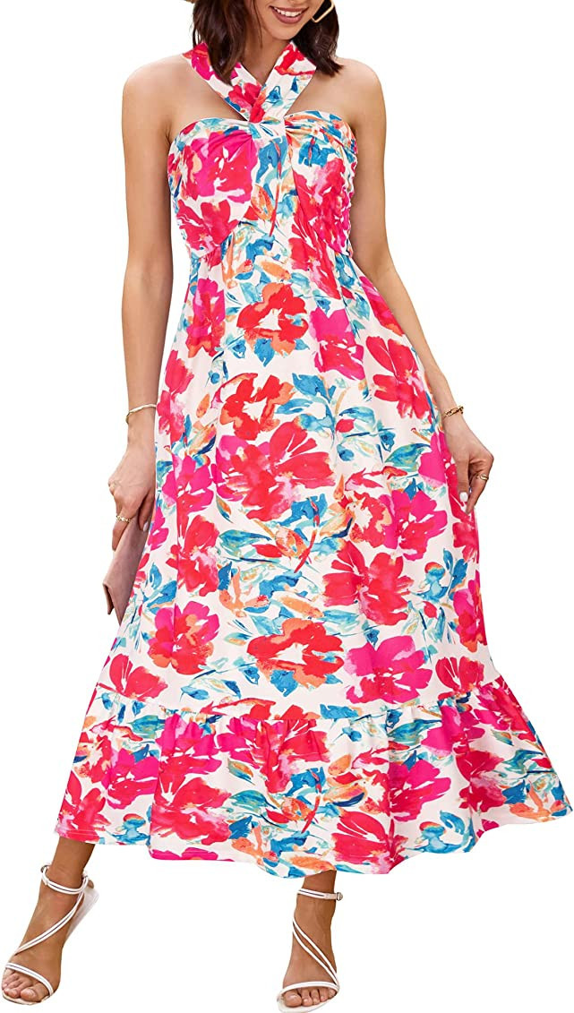 GRACE KARIN 2023 Women's Criss Cross Halter Neck Sleeveless Summer Floral Print Flowy A Line Maxi Dr | Amazon (US)