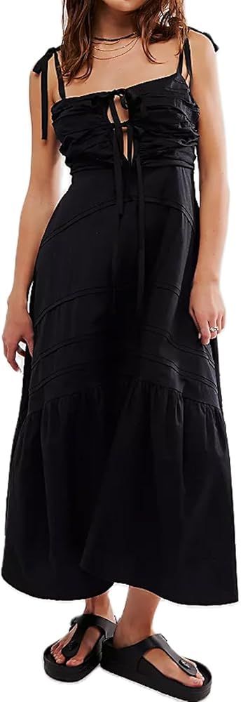 Women's 2024 Summer Dress Spaghetti Strap Square Neck Tie Front Plicated Midi Dress High Waist A-... | Amazon (US)