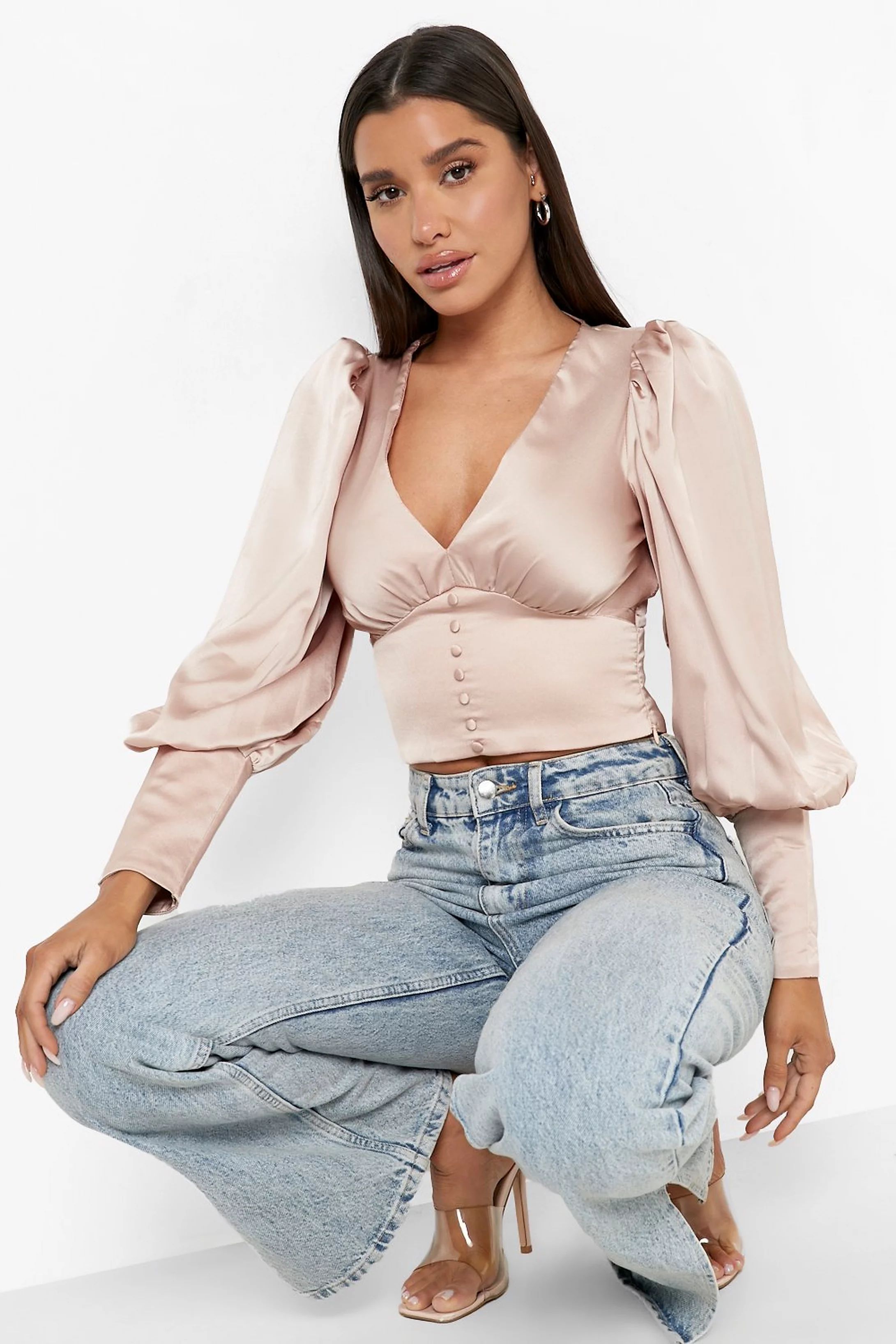 Satin Button Detail Top | Boohoo.com (US & CA)