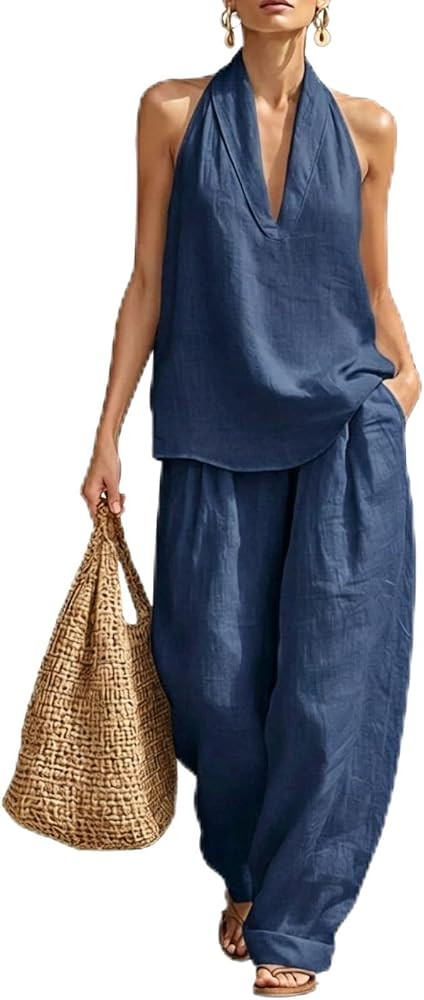 2 Piece Sets for Women Plus Size Sleeveless V Neck Halter Top Matching Wide Leg Pants Sets Casual... | Amazon (US)