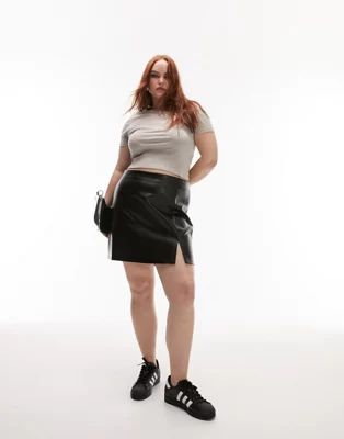 Topshop Curve leather look split detail mini skirt in black | ASOS (Global)