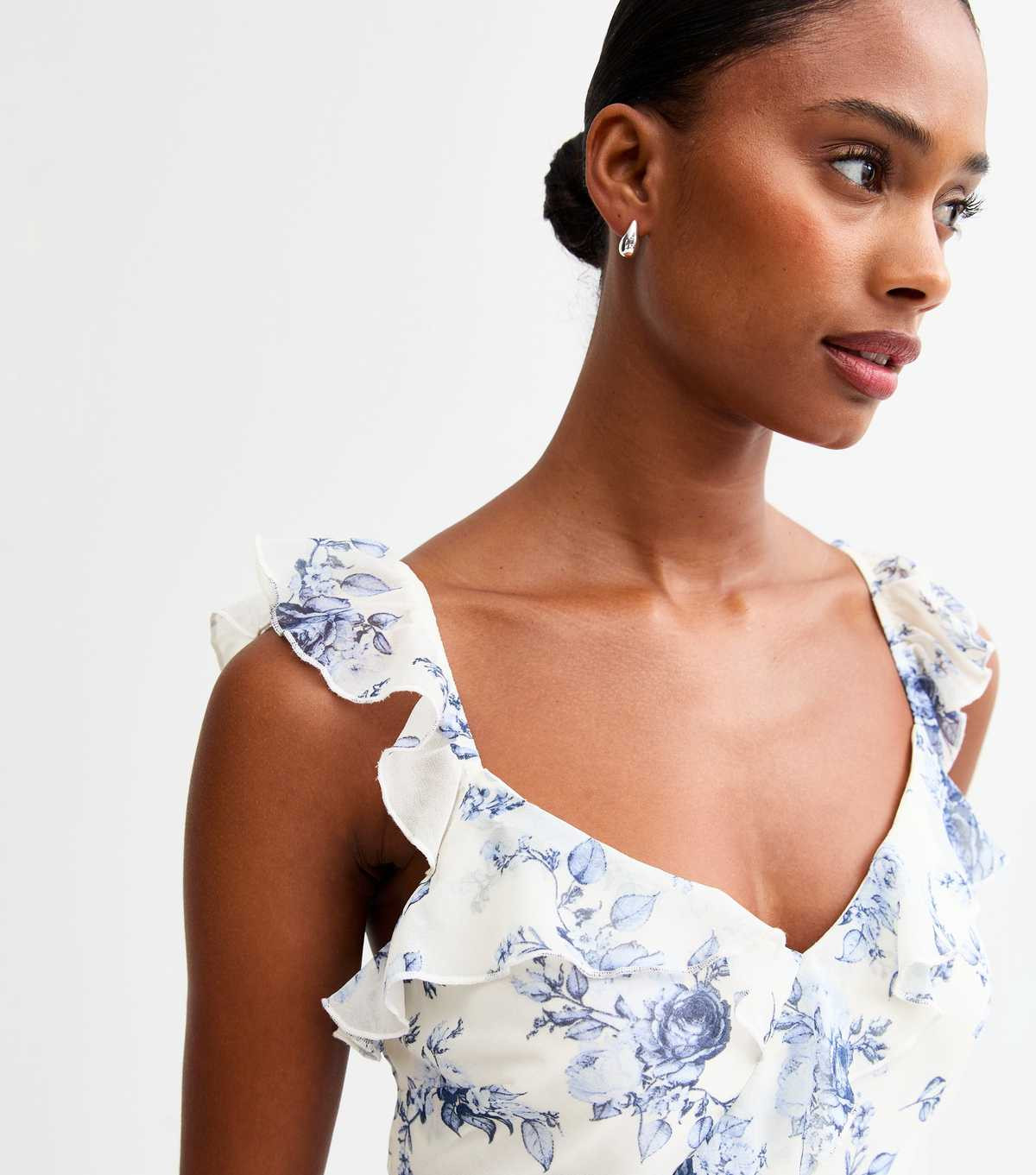 Blue Floral Print Ruffle Trim Midi Dress | New Look | New Look (UK)