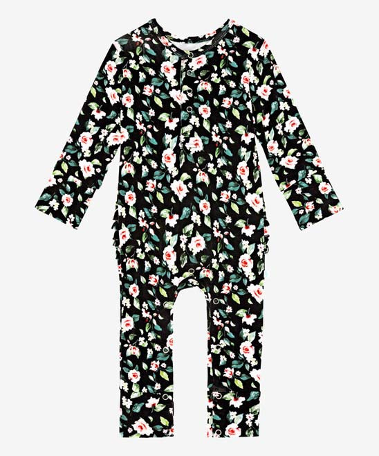 Posh Peanut Girls' Rompers - Black & Pink Floral Lina Ruffle-Trim Button-Front Playsuit - Infant | Zulily