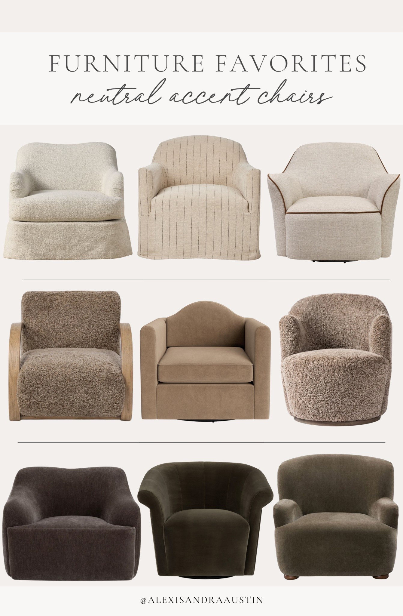 Neutral chair roundup up inspo! Loving these mix of light and bright, to dark and moody finds. The perfect addition to any living space.

Home finds, neutral home inspo, accent chair, light and bright, dark and moody, upholstered chair, linen detail, furniture favorites,
