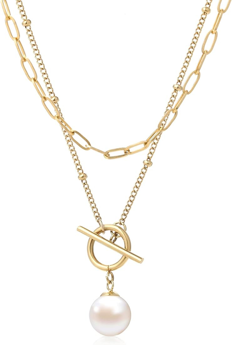 Gold Layered Pearl pendant Necklaces, 18K Gold Plated Initial Paperclip Link Chain Necklace Neckl... | Amazon (US)
