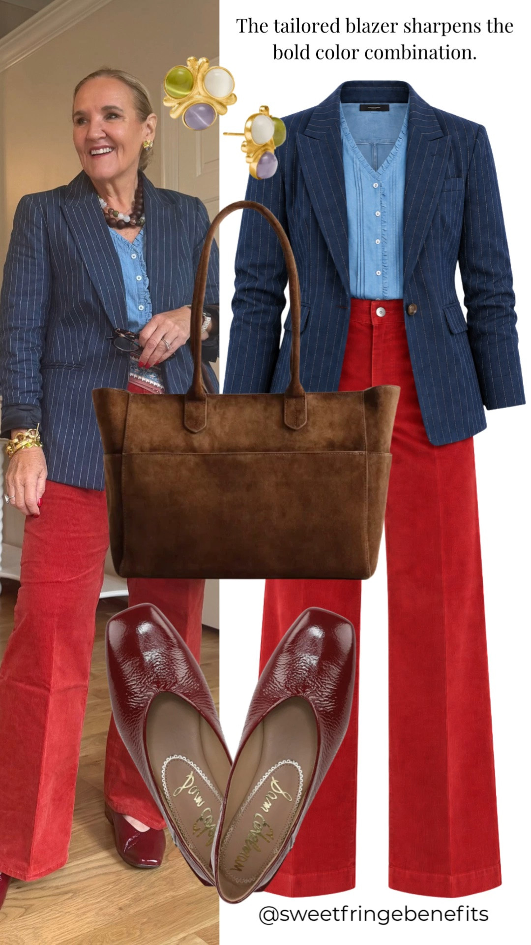 I have to say, I really like the red and blue together here. I’m in a 10 petite blazer, small blouse, and medium petite pants, and the burgundy shoes are such a nice finishing touch.

#LTKootd #LTKWorkwear #LTKOver40
