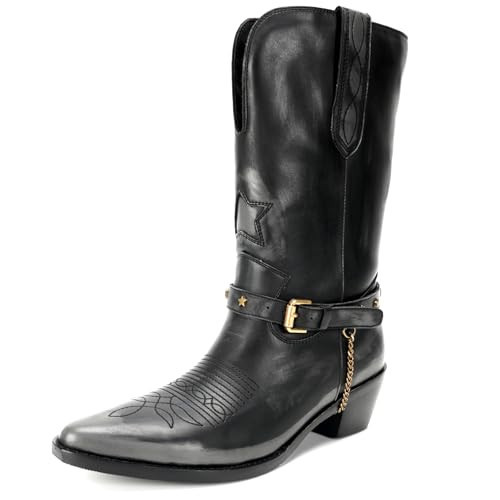 Eusibb Black Western Cowboy Boots for Women, Mid Calf Cowgirl Boots with Classic Embroidered Stitched, Silp On Pointed Toe Chunky Heel Buckle Chain Pull On Western Riding Boots for Women | Amazon (US)