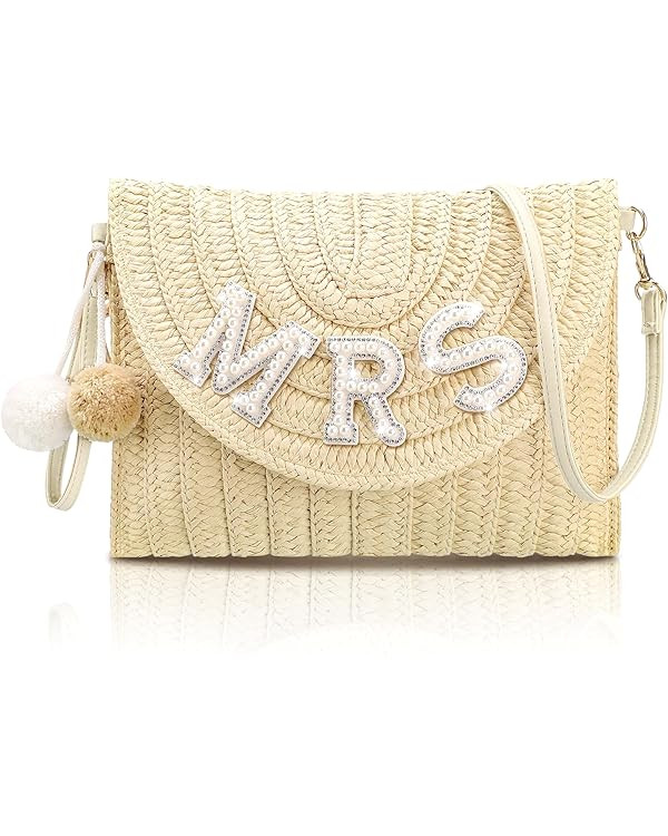 Pinkunn Bride Gift Straw Shoulder Bag Clutch Rhinestone Letter Purse Beach Bachelorette Honeymoon... | Amazon (US)