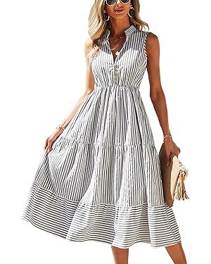 BROVAVE Womens 2024 Summer Sleeveless Shirt Dress Collar Striped V Neck Casual Midi Dresses | Amazon (US)