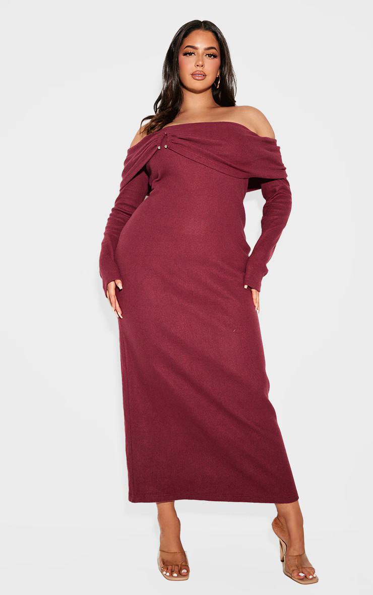 Plus Burgundy Heavy Brushed Rib Bardot Trim Maxi Dress | PrettyLittleThing UK
