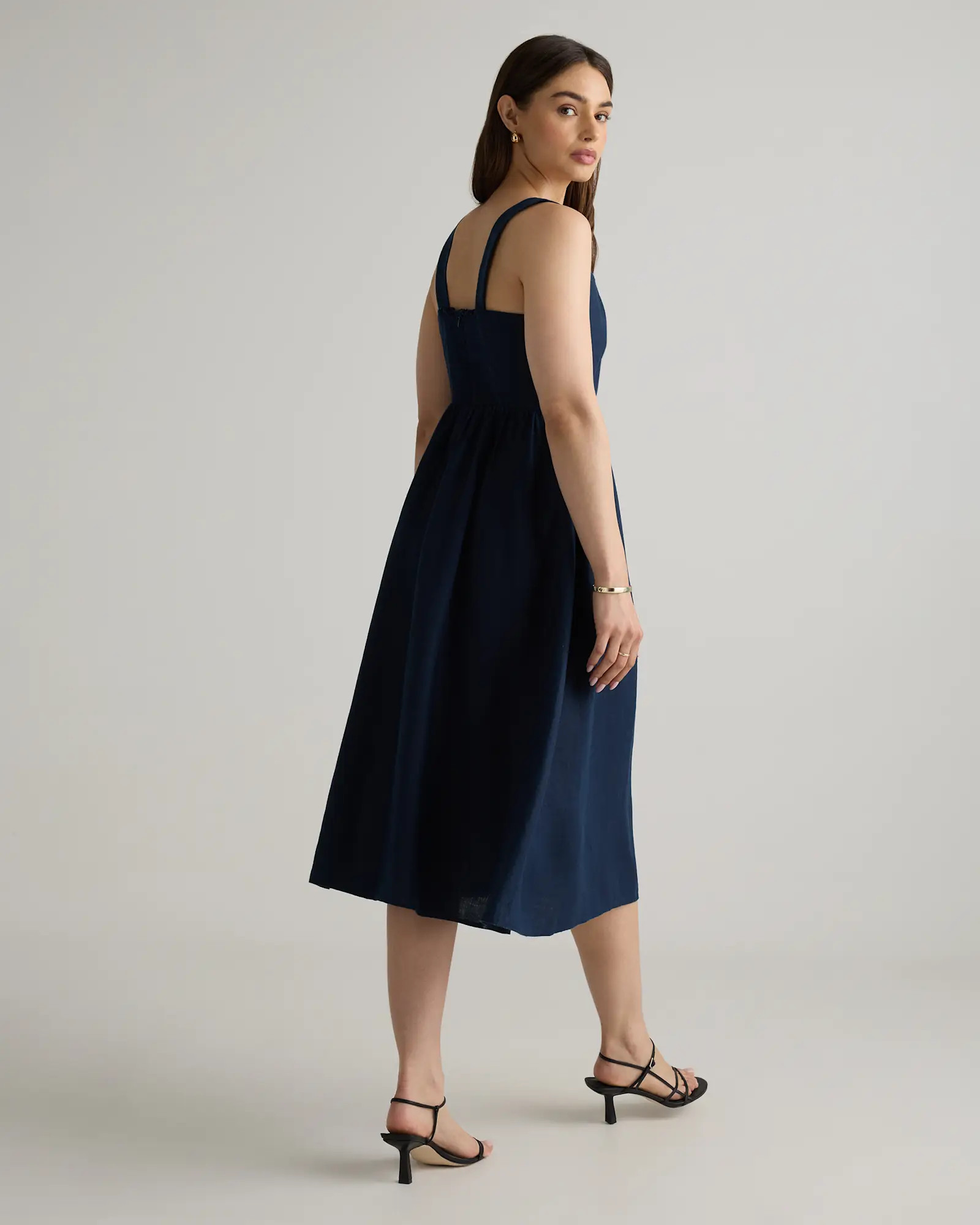 100% European Linen Fit & Flare Midi Dress in Deep Navy | Quince