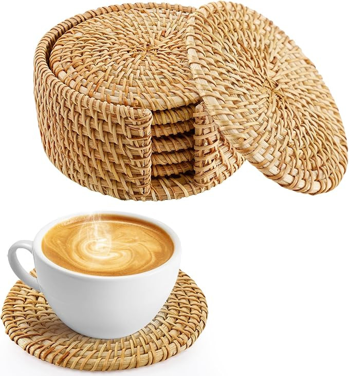 6pcs Natural Handmade Rattan Coasters with Holder - Wicker Drink Coasters Set for Protecting Tabl... | Amazon (US)