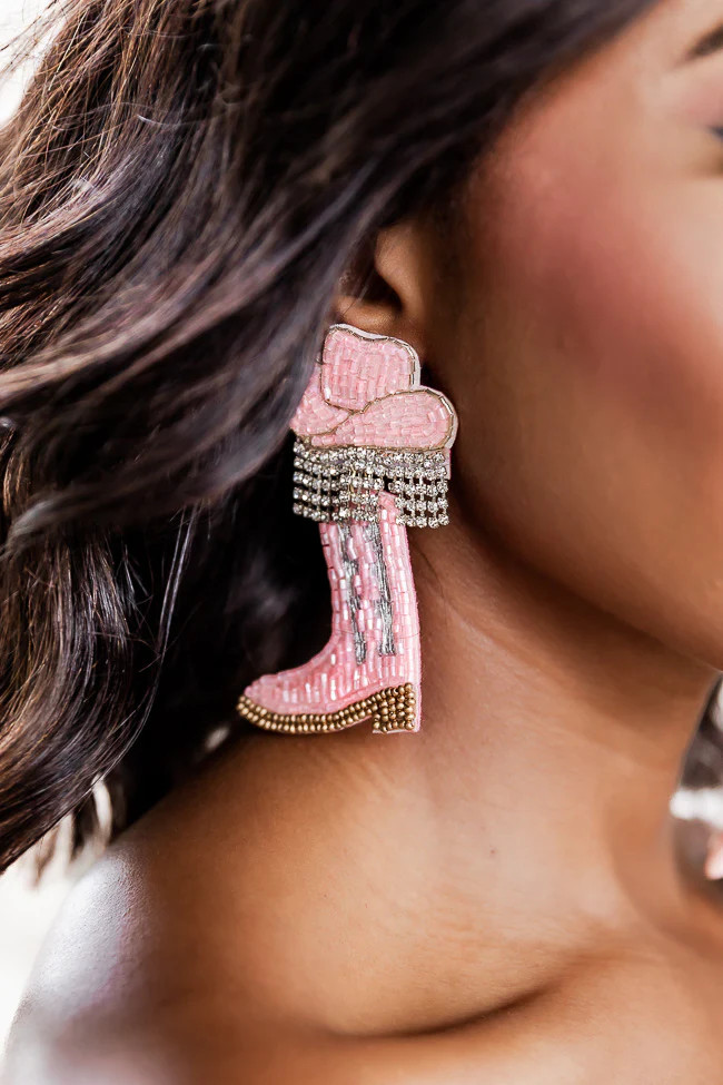 She's Every Woman Beaded Cowboy Boot Pink Beaded Earrings | Pink Lily