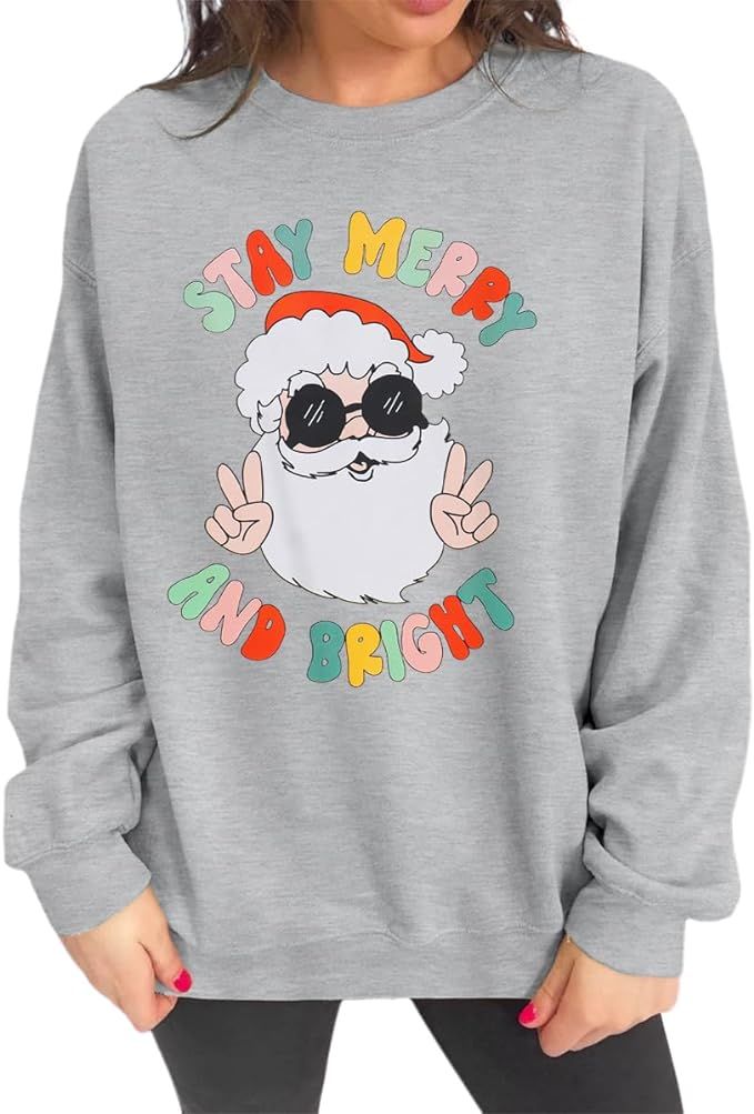 KEKEMI Women's Christmas Santa Sweatshirts Stay Merry And Bright Oversized Shirt Crewneck Long Sl... | Amazon (US)