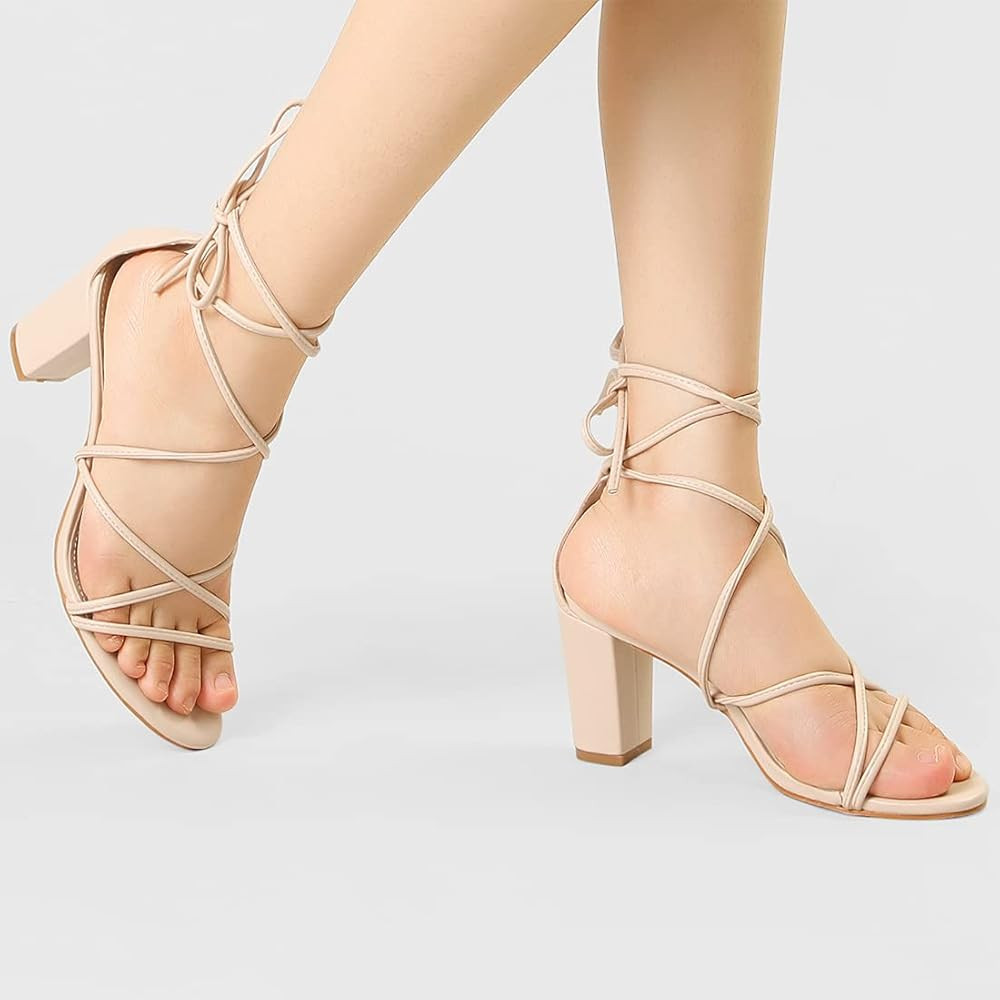 Allegra K Women's Strappy Straps Lace Up Chunky Heel Sandals | Amazon (US)