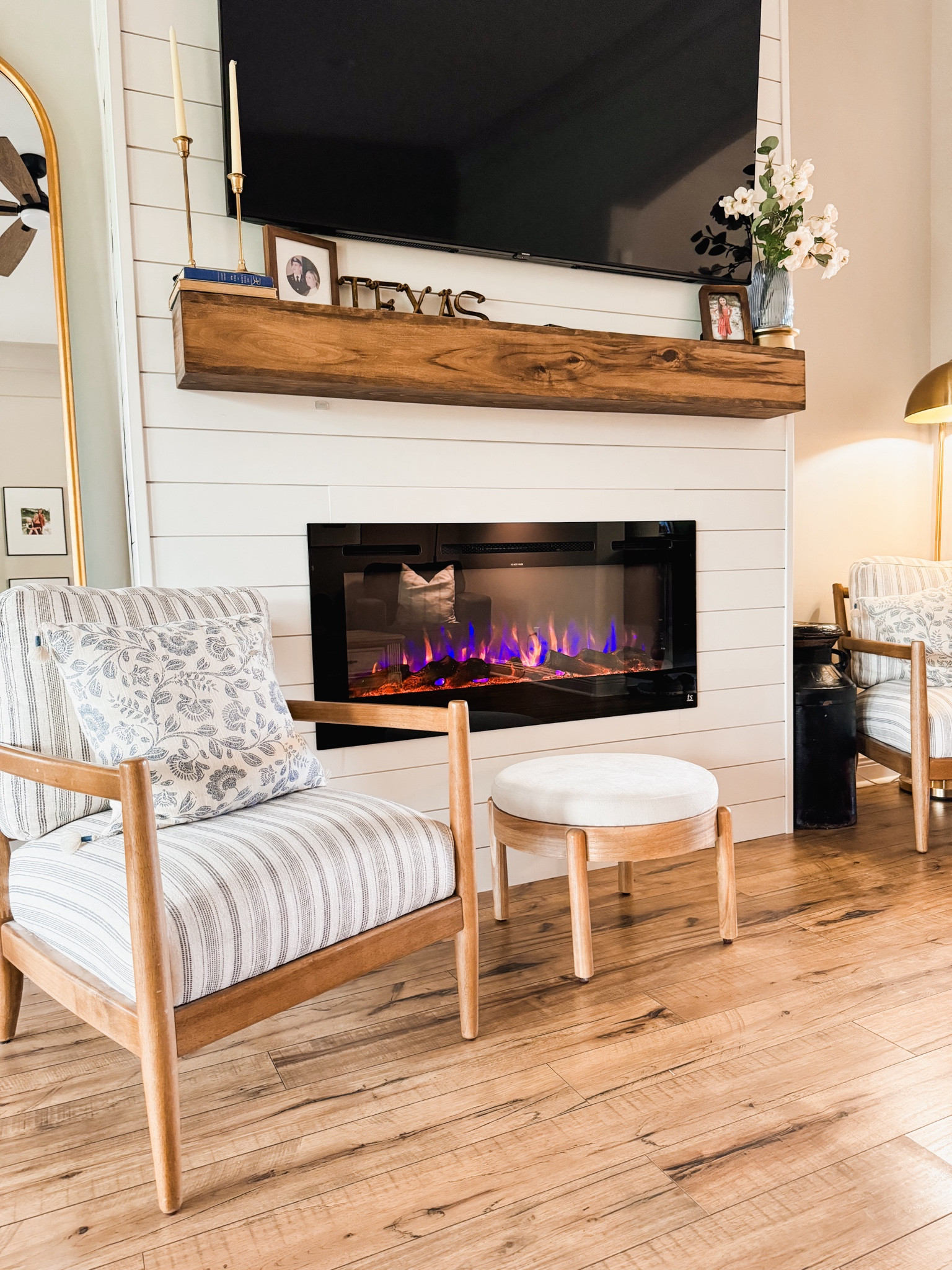 Fireplace 🔥 Last summer my husband and I DIY-ed this new fireplace after demoing old built in cabinets and a gas fireplace that just didn’t fit our style. To say DIY will test you and your partner is an understatement, but we made it! 💪🏻