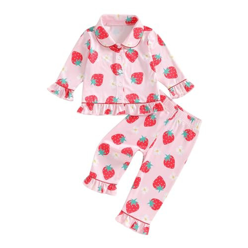 Baby Kid Girls Ruffled Cotton Pajamas Set Long Sleeve Button Down Shirts Tops and Pants Matching 2PCS Pj Lounge Sets (Strawberry Pink, 18-24 Months) | Amazon (US)