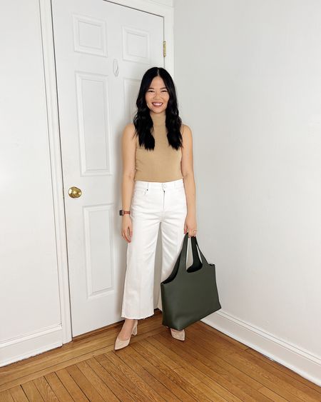 Beige sleeveless sweater (XS)
White jeans  (4P)
White wide leg jeans
Olive green tote bag 
Cuyana system tote
Beige suede pumps 
Business casual outfit 
Smart casual outfit 
Spring work outfit 
Neutral outfit 
Ann Taylor outfit

#LTKSeasonal #LTKfindsunder100 #LTKworkwear