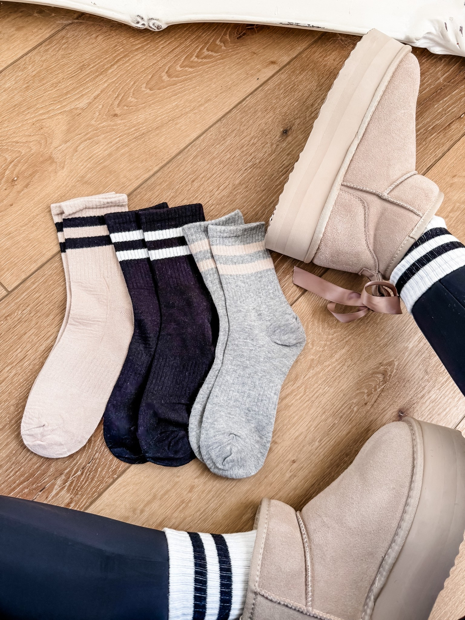 Amazon fashion, varsity socks. Booties size up.

#LTKOver40 #LTKSaleAlert