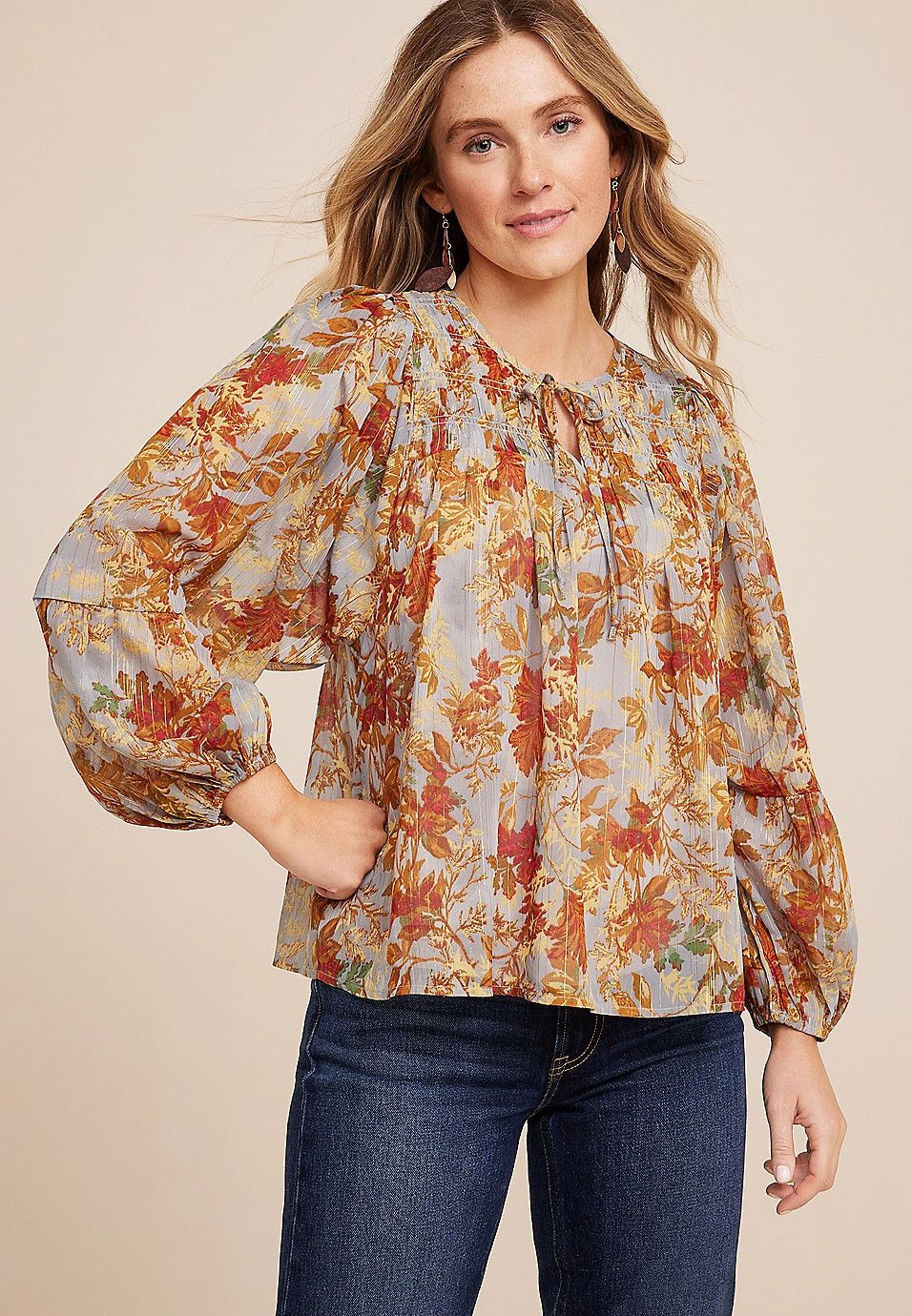 Metallic Floral Blouson Sleeve Top | Maurices