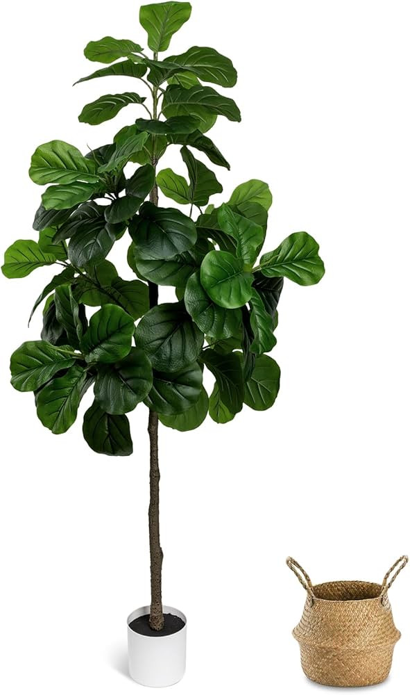 Artificial Fiddle Leaf Fig Tree 6FT - Large Fake Tree with White Planter&Basket, Tall Faux Ficus ... | Amazon (US)