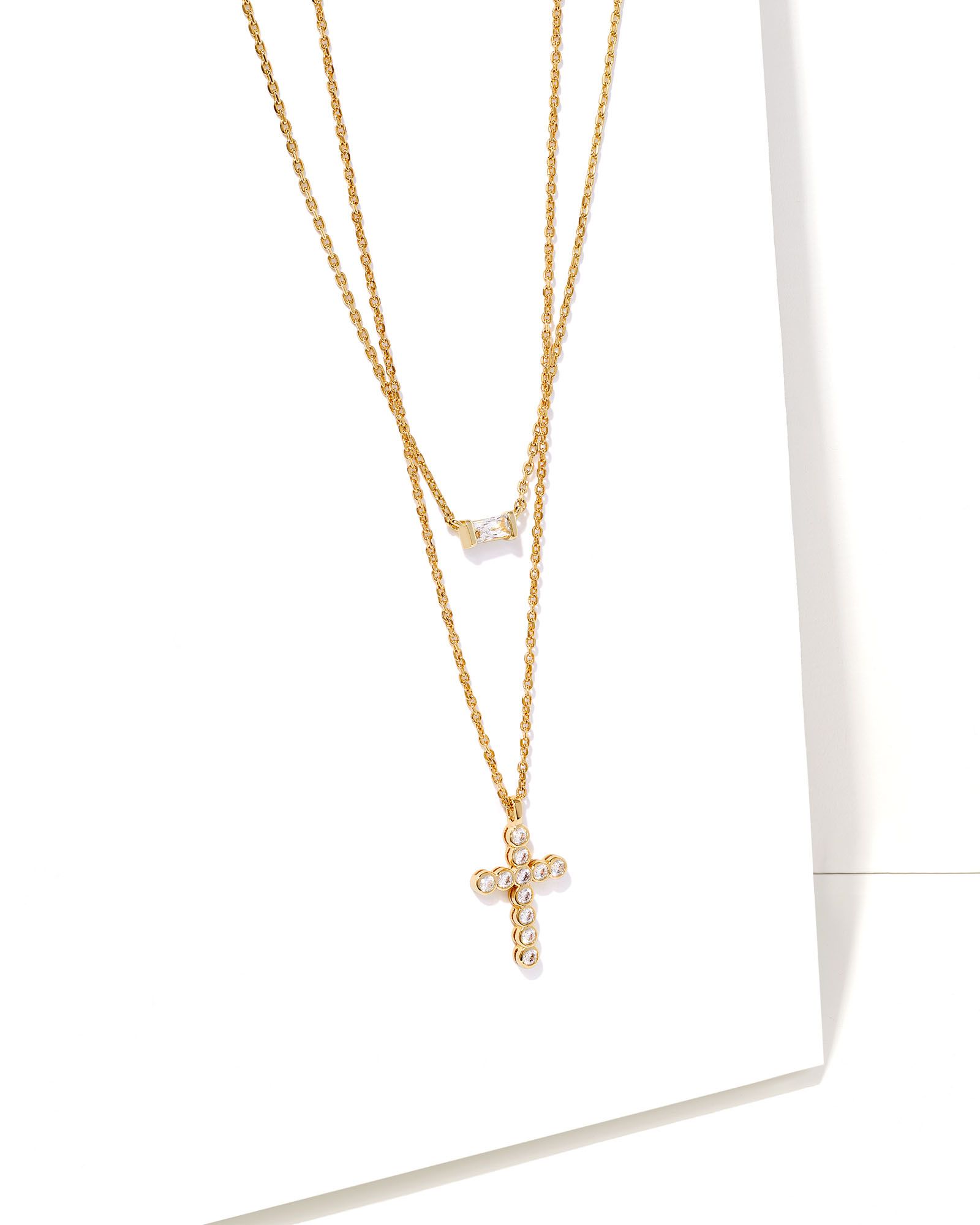 Cross Gold Pendant Necklace Layering Set in White Crystal | Kendra Scott