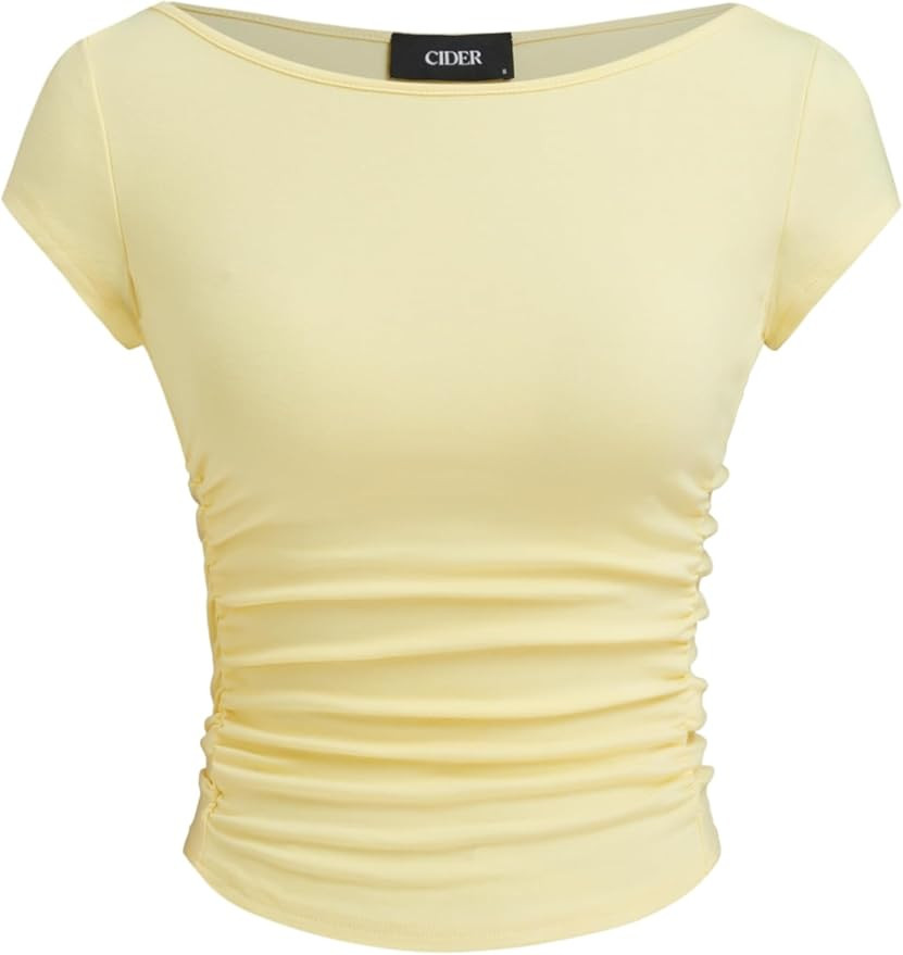 Women Ruched Crop Top Cap Sleeve Tee Boat Neck Fitted T Shirts | Amazon (US)
