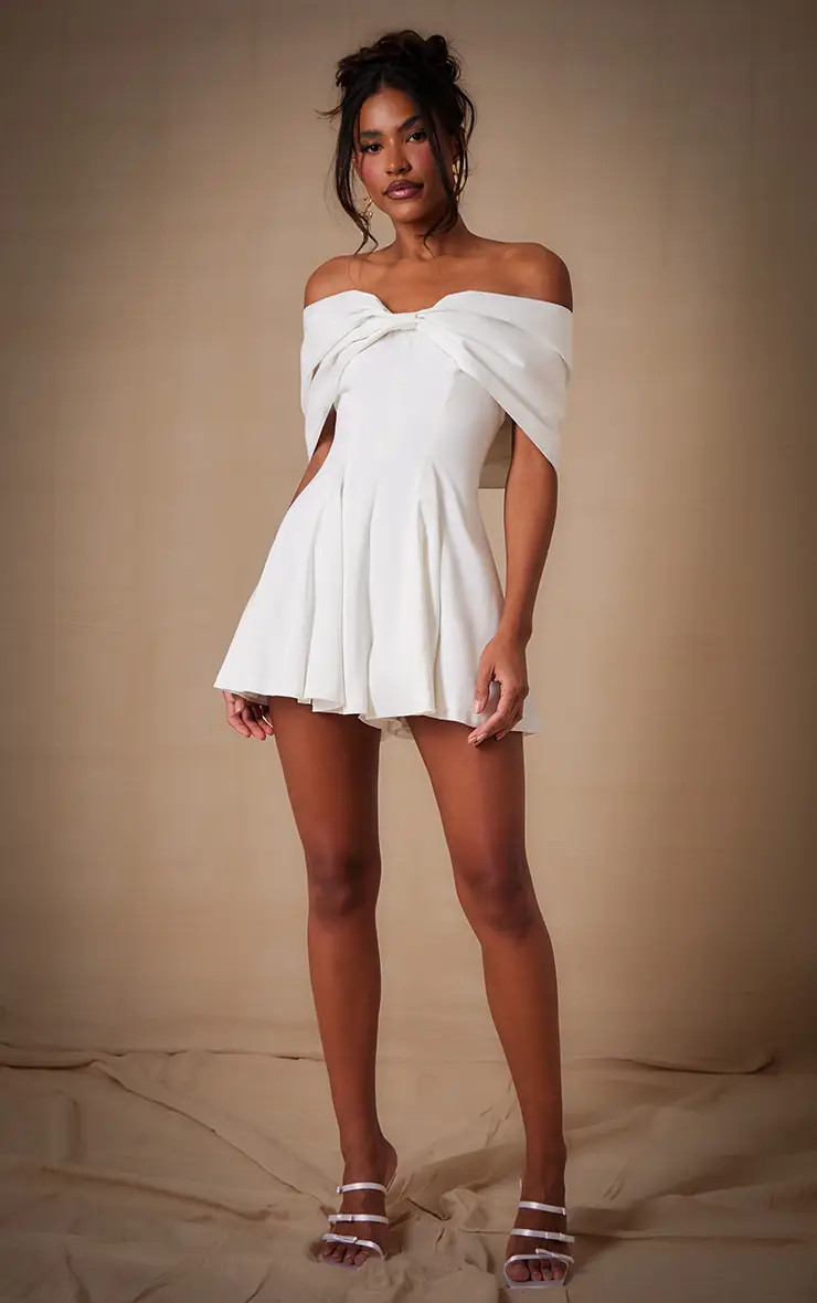 Premium White Satin Extreme Bow Detail Playsuit | PrettyLittleThing US