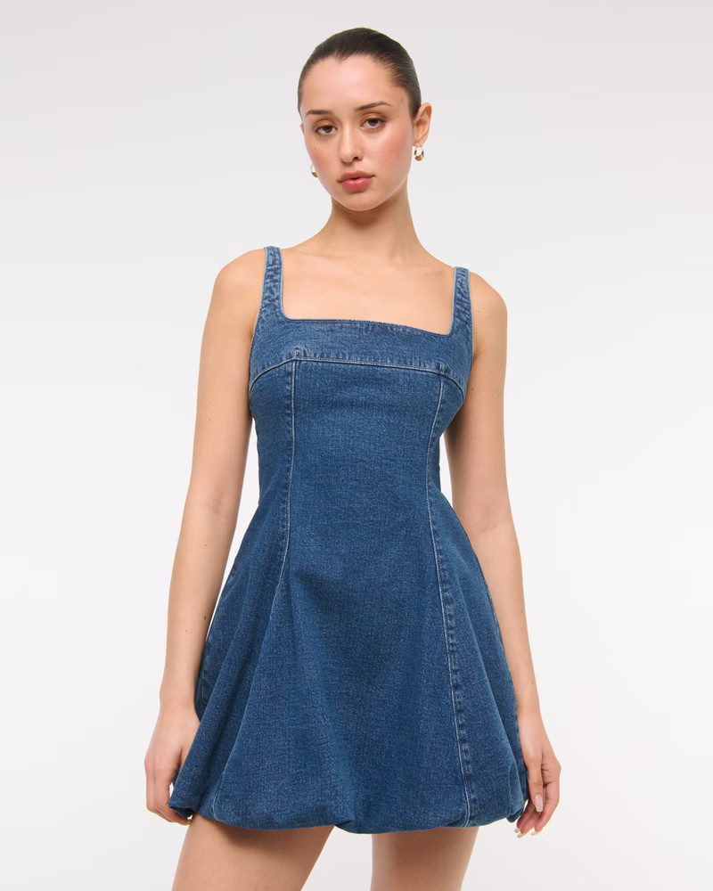 Squareneck Bubble Hem Denim Mini Dress | Abercrombie & Fitch (US)