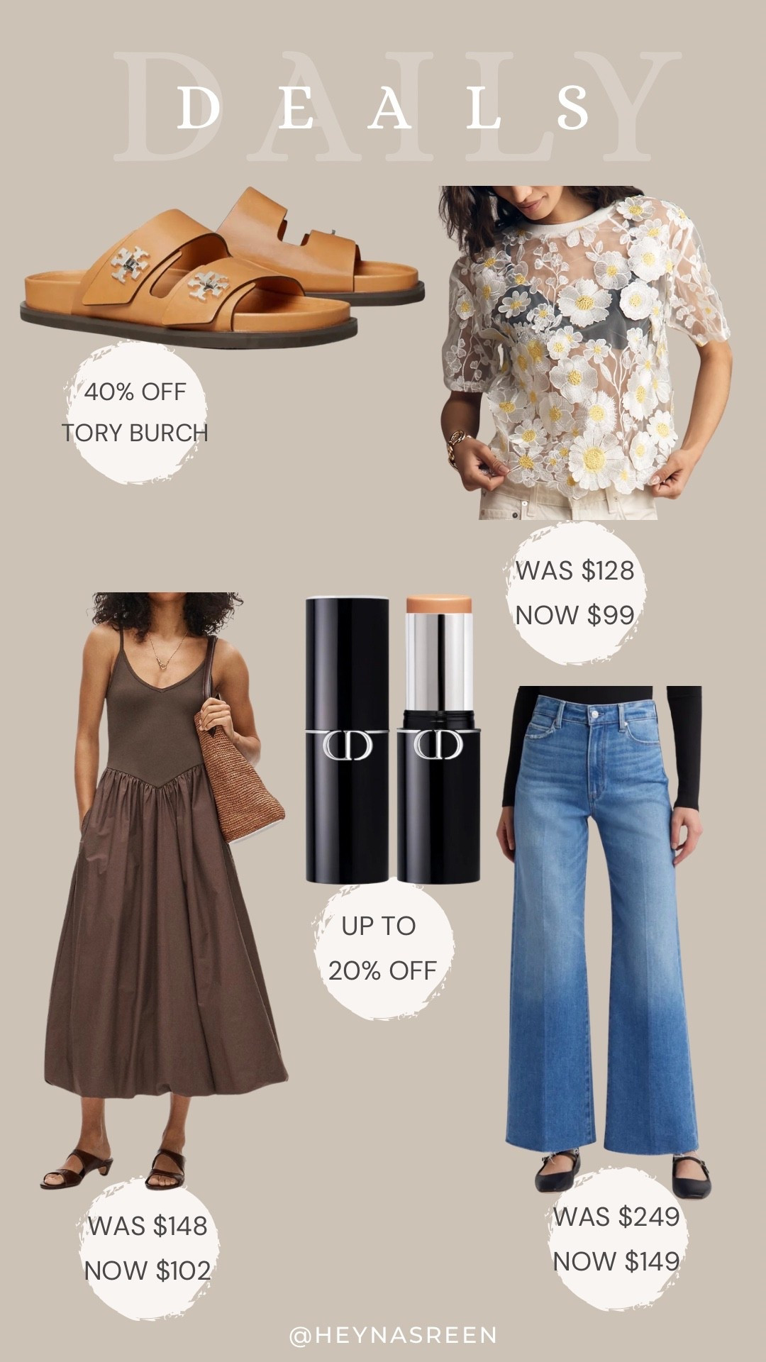 Daily deals on Tory Burch sandals, Anthropologie top, Paige jeans, Dior foundation, J.Crew dress 