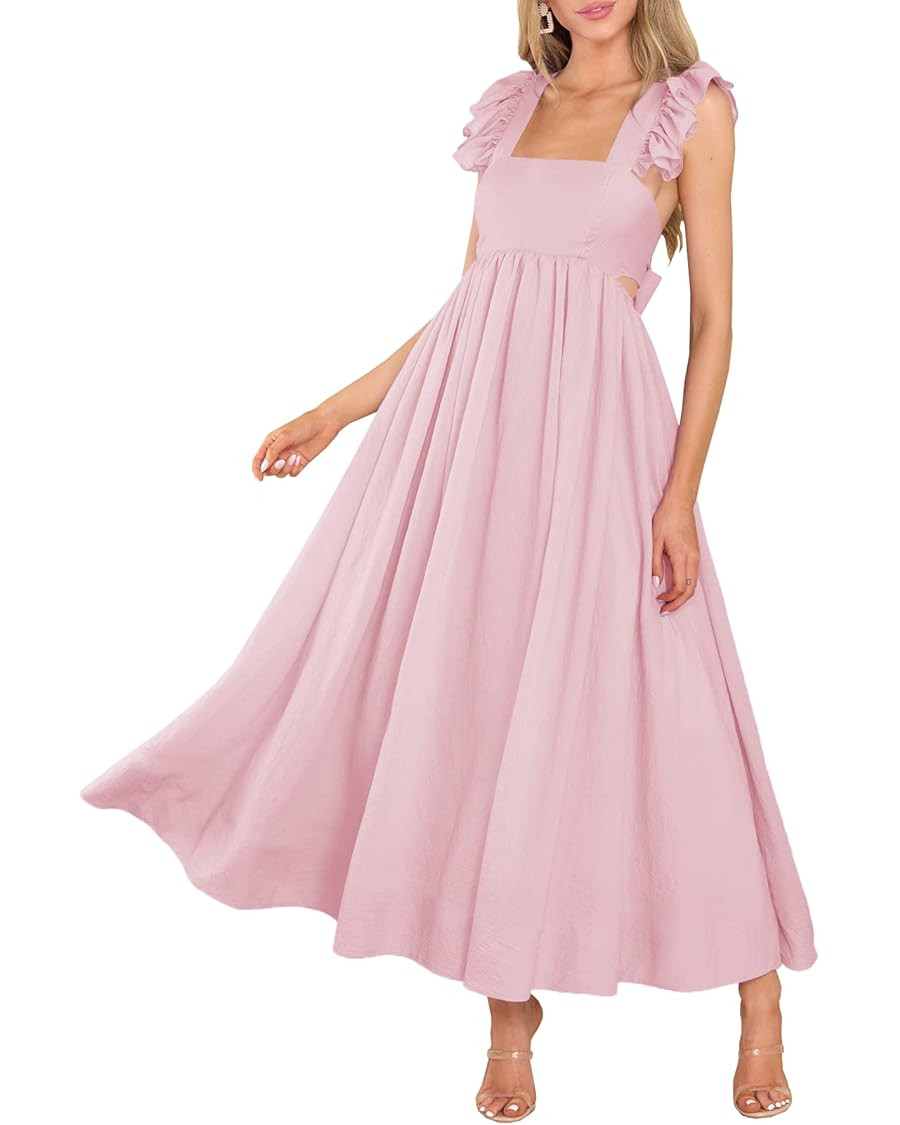 MITILLY Women's Summer Flutter Sleeve Square Neck Tie Back Casual Pleated A-Line Flowy Maxi Dress... | Amazon (US)