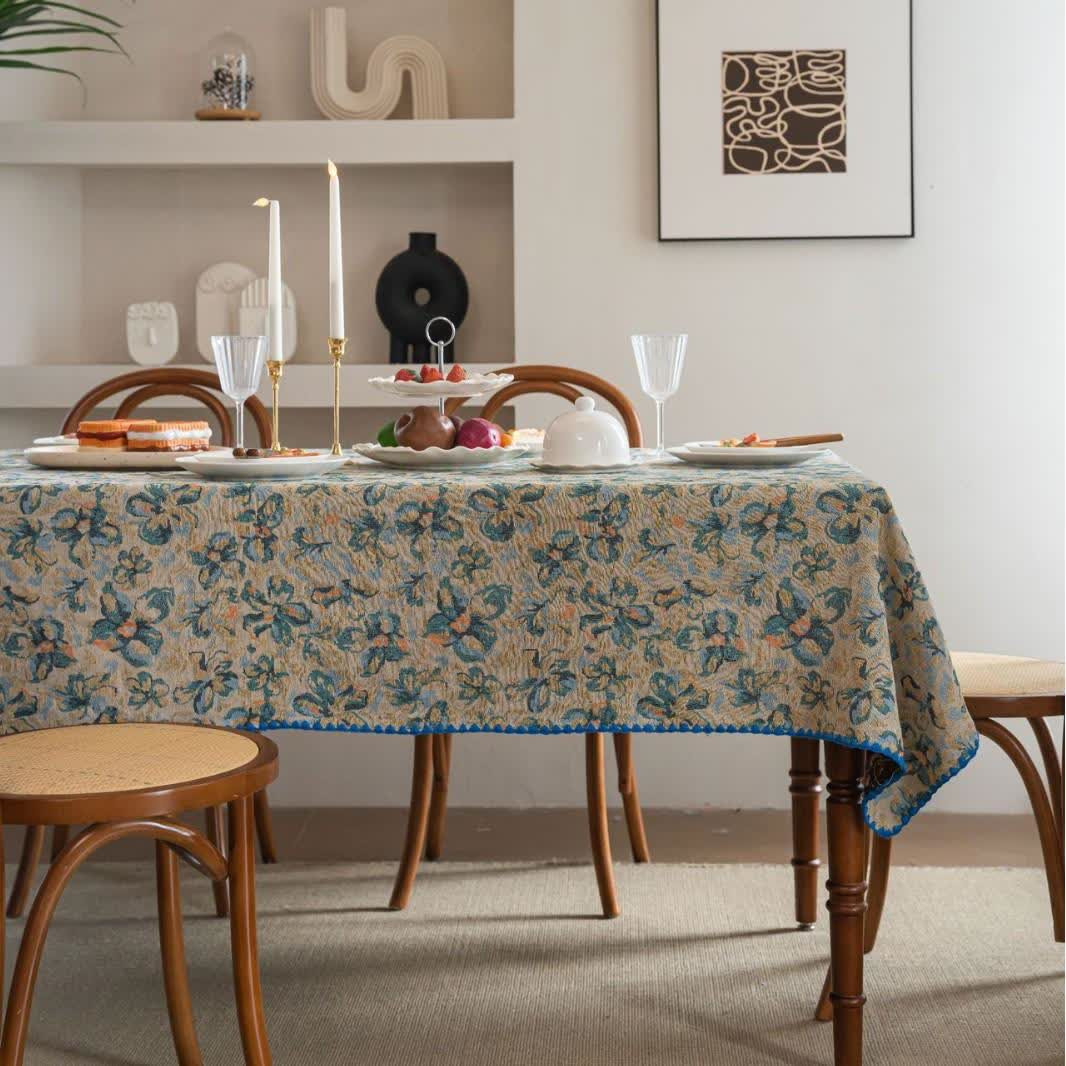 Ownkoti Rustic Style Blue Floral Jacquard Tablecloth | Ownkoti