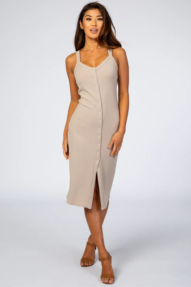 Beige Ribbed Snap Button Front Fitted Midi Dress | PinkBlush Maternity
