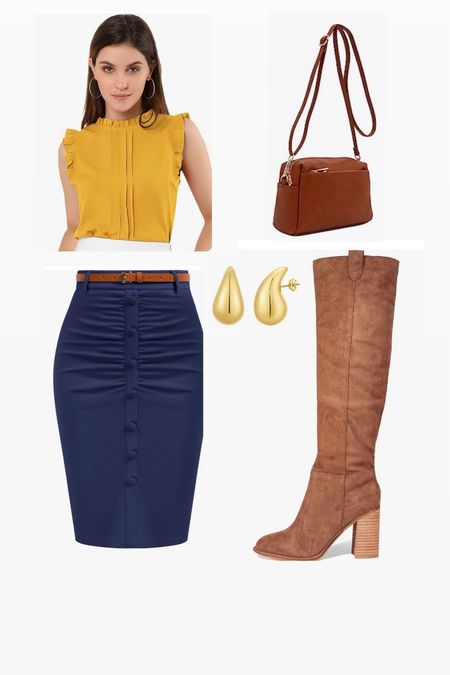 Mustard and navy is such a great color combo! I’m size medium top and bottom! The skirt goes to my knees I’m 5’2 