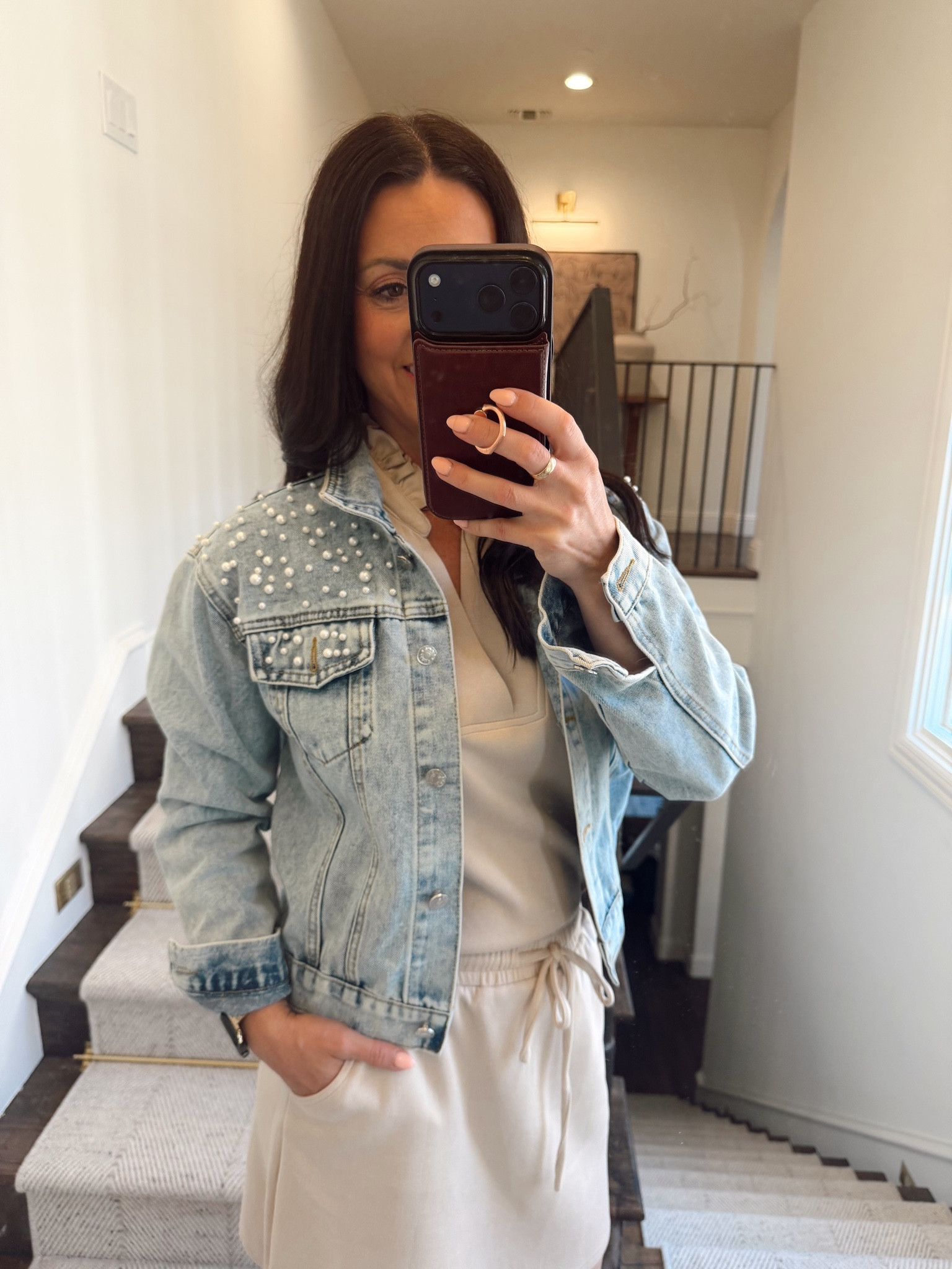 Cropped Denim jacket with pearl accents 

#LTKOver40 #LTKootd