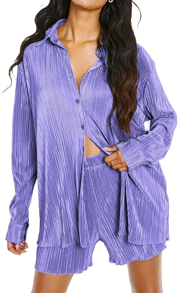 Ekouaer Pleated Sets for Women 2 Piece Lounge Shorts Set Long Sleeve Button Down Shirts Outfits | Amazon (US)