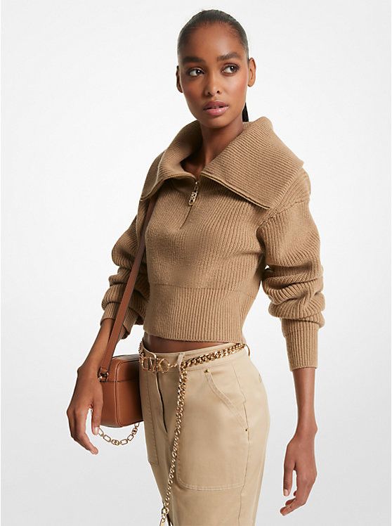 Wool Blend Half-Zip Cropped Sweater | Michael Kors US