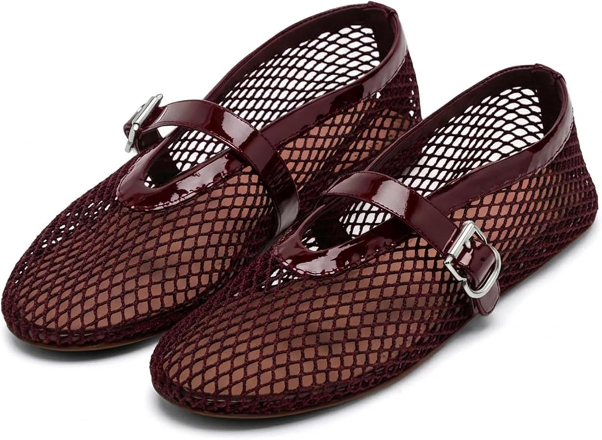 Women's Mesh Ballet Flats Buckle Strap Comfortable Ballerina Shoes Ladies Clear Fishnet Wide Widt... | Amazon (US)