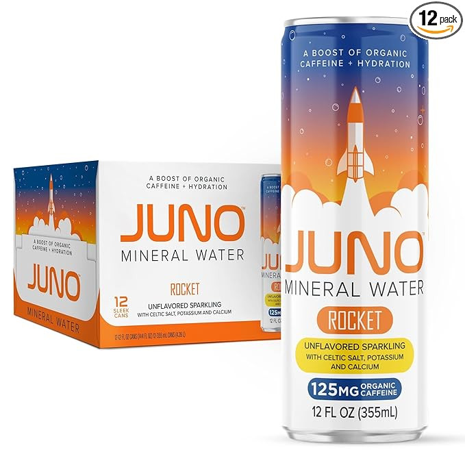 JUNO Rocket Unflavored Sparkling Mineral Water with Organic Caffeine, Celtic Salt, Potassium, and... | Amazon (US)