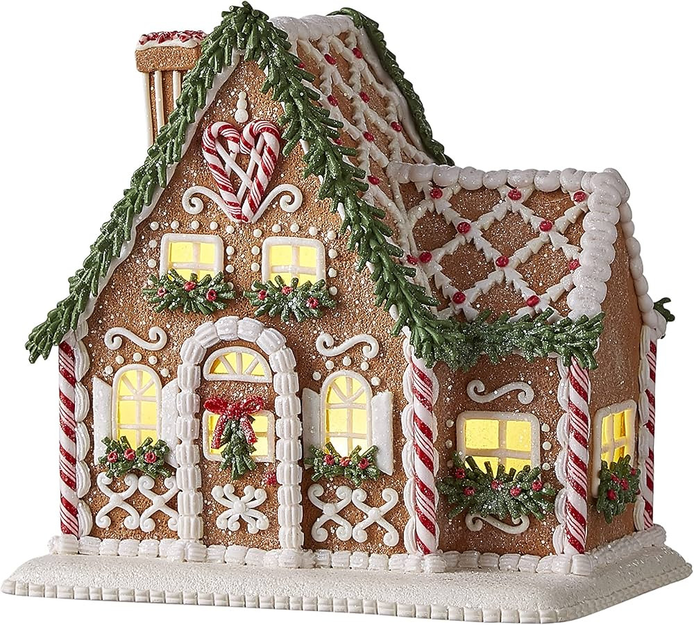 One Holiday Way 8.75-Inch Light Up Faux Gingerbread Cottage House with Timer, Rosemary, Candy Cane & | Amazon (US)