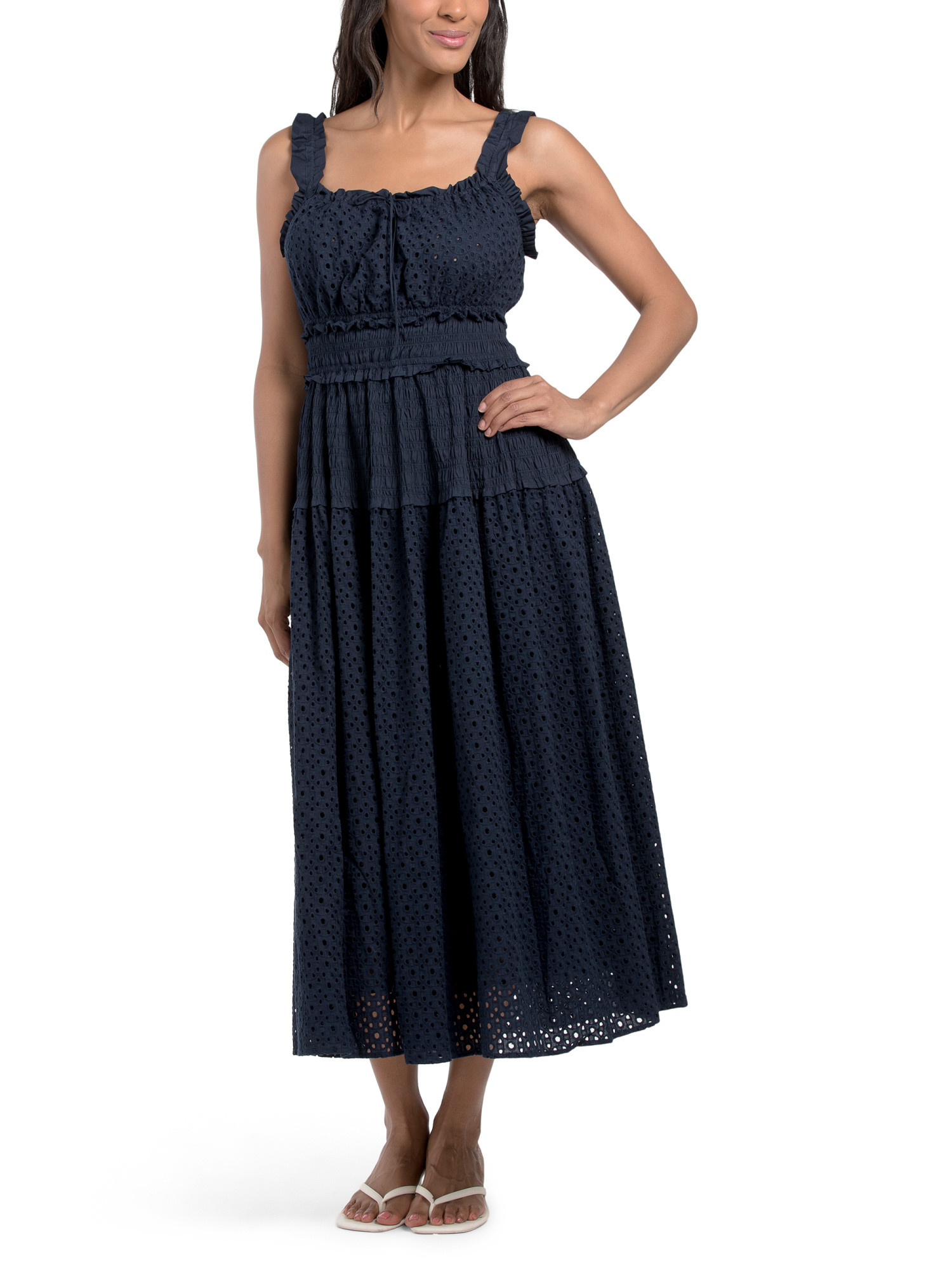 Sleeveless Square Neck Smocked Waist Eyelet Maxi Dress | TJ Maxx
